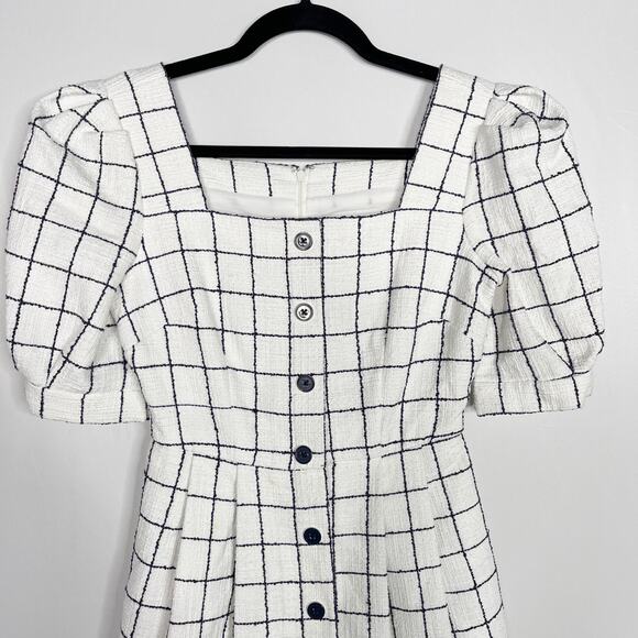 Gal Meets Glam Size 0 White Navy Blue Dawn Windowpane Dress Puff Sleeves Button - Picture 3 of 16